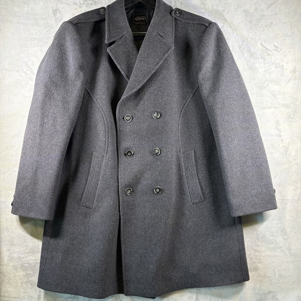Vintage Virany Wool Double Breasted Overcoat Epaulettes Gray Made Hungary 46